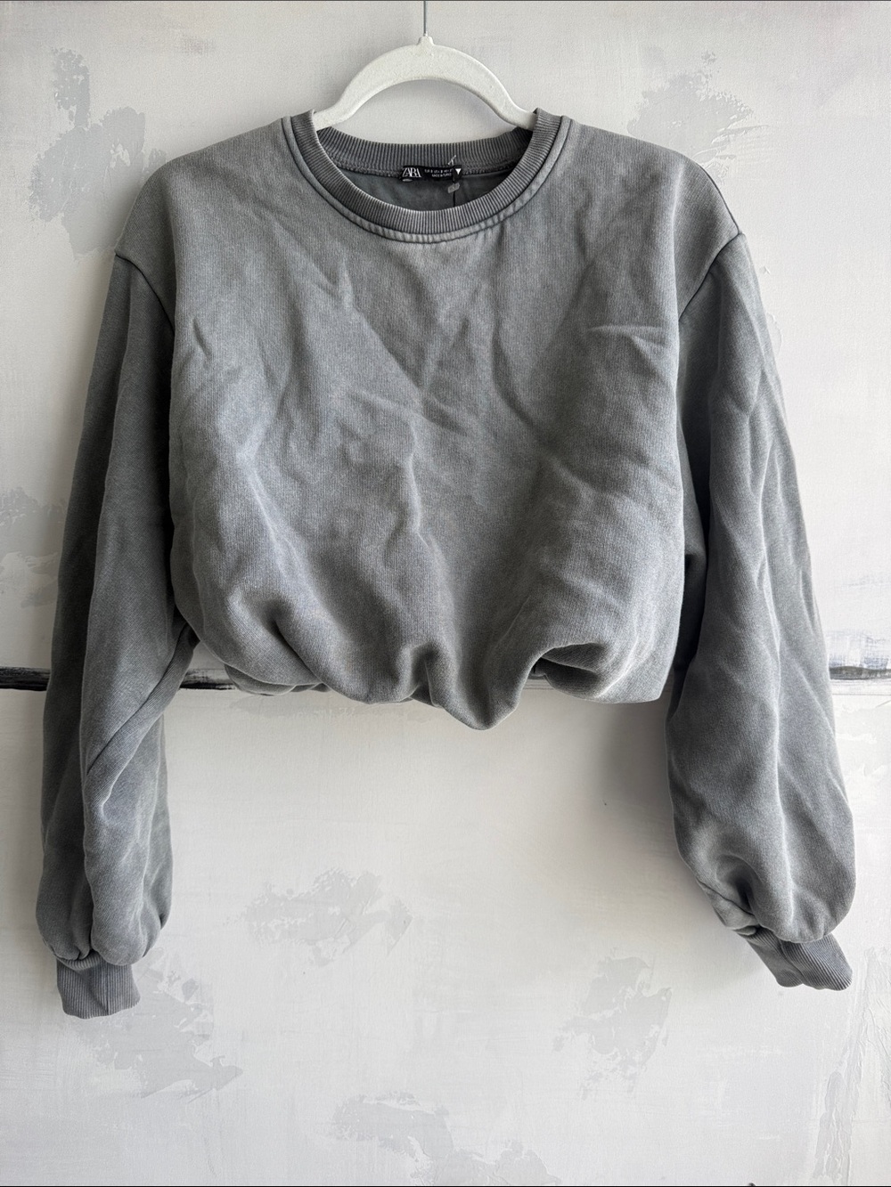 Zara Gray Balloon Sleeve Cropped Sweatshirt Cinched Hem NWT Small